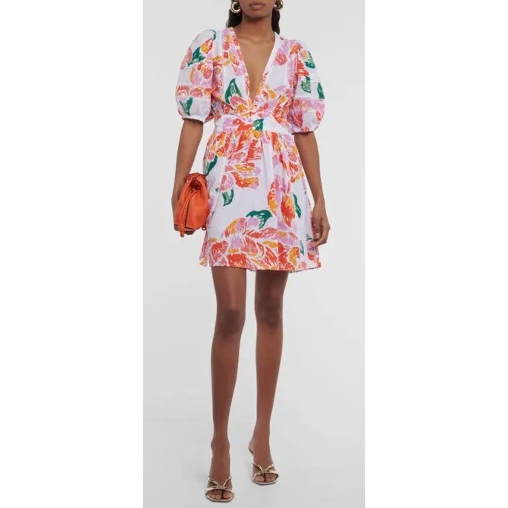 Poupette St Barth Reina Orange Macro Peony Cotton Puff Sleeve Mini Dress XS